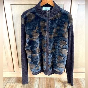 Vintage Lisa International full zip faux fur chocolate sweater jacket. Size: L